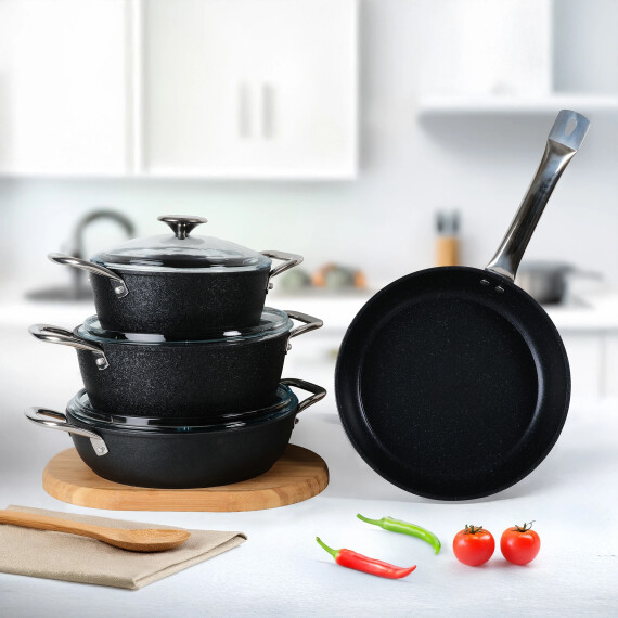 Antoryum Pro 7 Parça ThermoGuard Granit Tencere Takımı Siyah - GÜRAL PORSELEN
