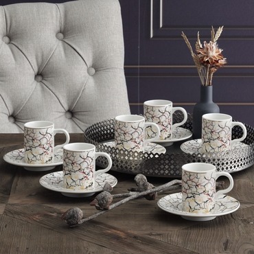 Camelia 12 Parça 6 Kişilik Bone Türk Kahvesi Fincan Takımı - 5605 - GÜRAL PORSELEN