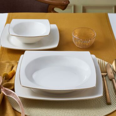 Caroline 16 Parça 4 Kişilik Kare Bone Yemek Takımı Altın - GÜRAL PORSELEN