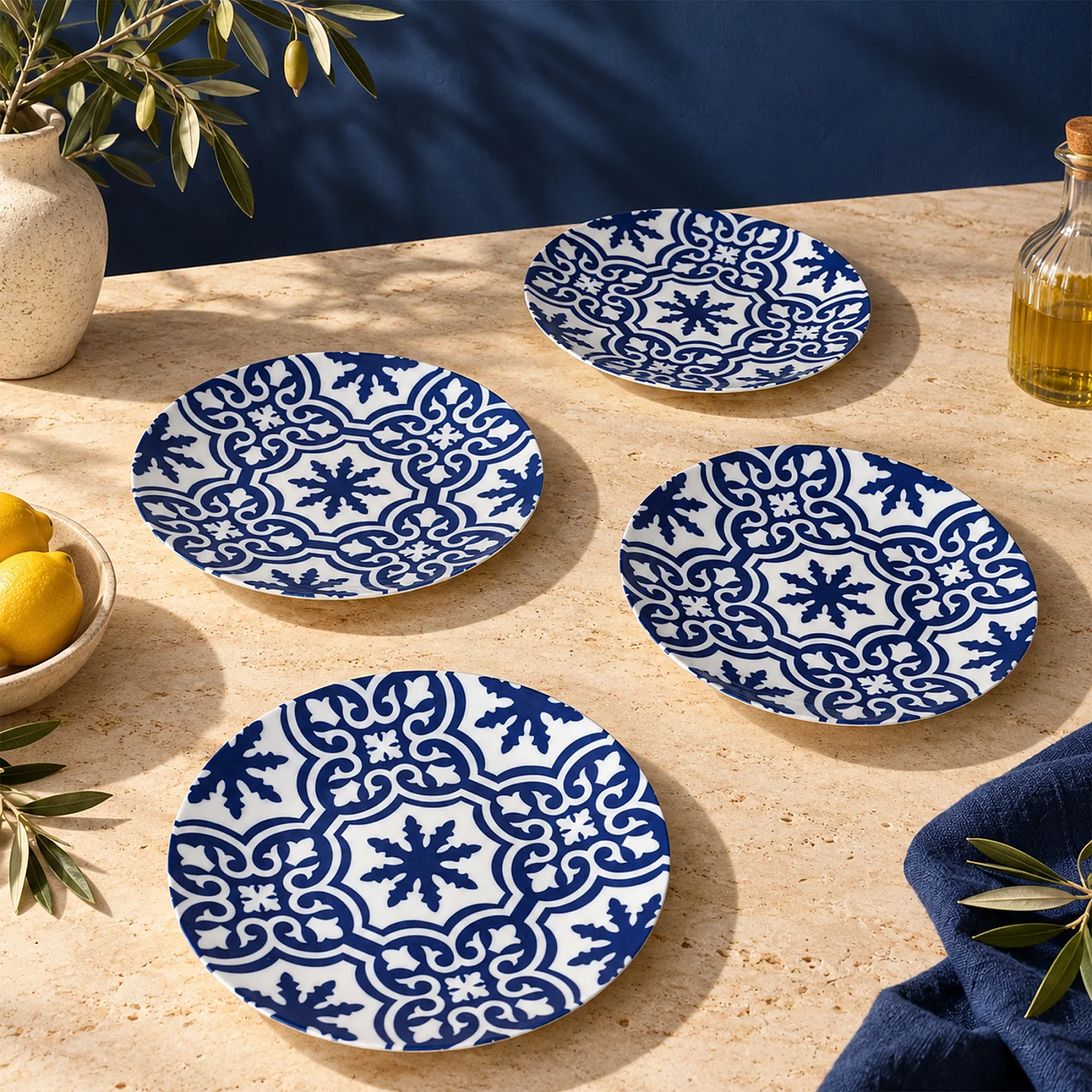 Çini Desenli 25 cm Porselen Düz Servis Tabağı 4 Kişilik - GÜRAL PORSELEN (1)