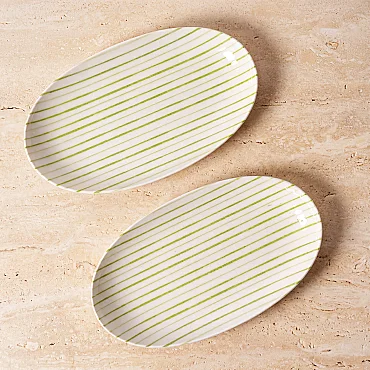 Yeşil çizgi desenli Elips 2'li 25 cm Porselen Kayık Tabak - GÜRAL PORSELEN