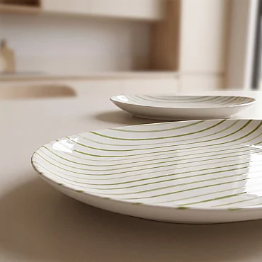 Yeşil çizgi desenli Elips 2'li 25 cm Porselen Kayık Tabak - GÜRAL PORSELEN