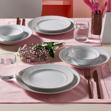 Bahar Dalı 24 Parça 6 Kişilik Yemek Takımı Çift Altın File - GÜRAL PORSELEN