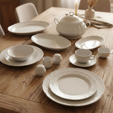 Bone Safir 82 Parça 12 Kişilik Rölyefli Yemek Takımı - GÜRAL PORSELEN