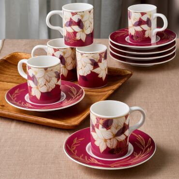 Camelia 12 Parça 6 Kişilik Kahve Fincan Takımı 67081 Bordo - GÜRAL PORSELEN