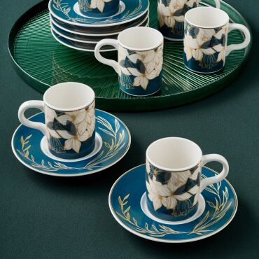 Camelia 12 Parça 6 Kişilik Kahve Fincan Takımı 67092 Mavi - GÜRAL PORSELEN