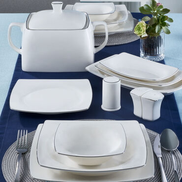 Caroline 62 Parça 12 Kişilik Kare Yemek Takımı Gümüş Yaldız 220 - GÜRAL PORSELEN