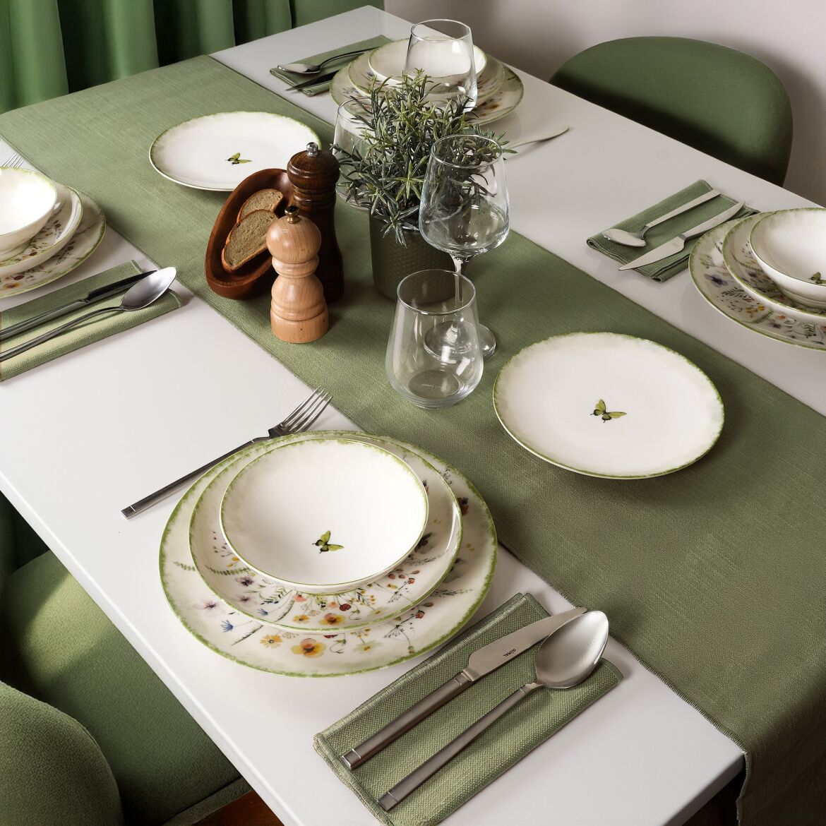 GÜRAL PORSELEN - Flora Green 16 Parça 4 Kişilik Yemek Takımı 4883