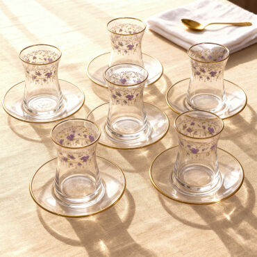 Güral Cam 12 Parça 6 Kişilik Çay Takımı Mor Çiçek - GÜRAL PORSELEN