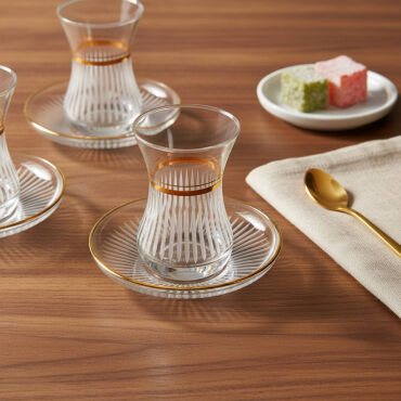 Güral Cam 12 Parça 6 Kişilik Elit Çay Takımı Altın - GÜRAL PORSELEN