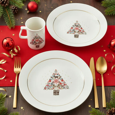 Yeni Yıl Camelia 3 Parça Tek Kişilik Bone Yemek Takımı - 6268 - GÜRAL PORSELEN
