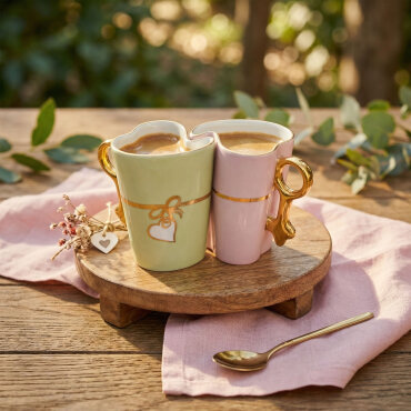 Vintage Hand Made Kalp Detaylı Porselen 2’li Kupa Seti 350 cc - GÜRAL PORSELEN