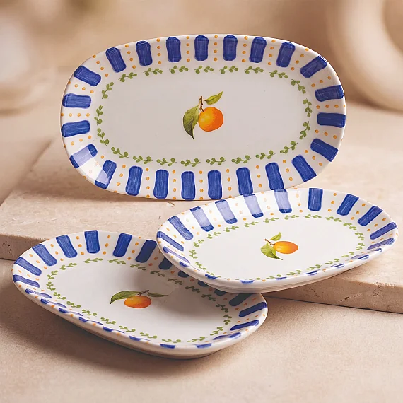 Kayısı Desenli 19 cm 3'lü Porselen Kayık Tabak Seti - 1