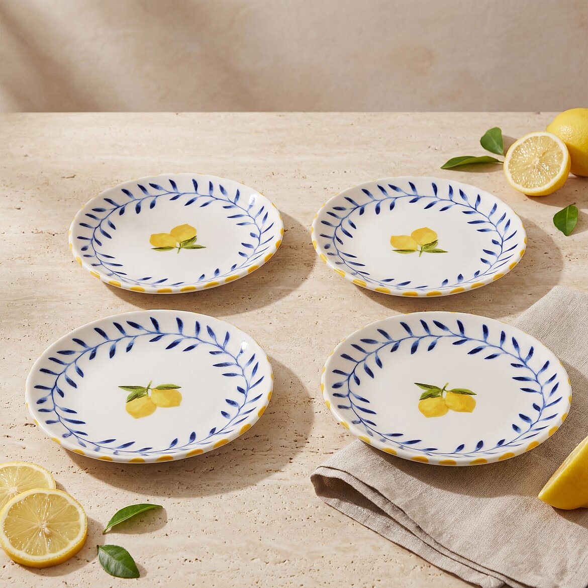 Limon Desenli 19 cm 4'lü Porselen Pasta Tabağı Seti - 1