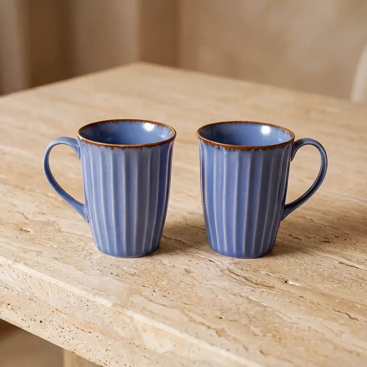 Mavi Rölyef Desenli 2'li Porselen Mug Seti - GÜRAL PORSELEN (1)
