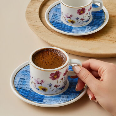 Mental 4 Parça 2 Kişilik Kahve Fincan Takımı 6709 Mavi - GÜRAL PORSELEN