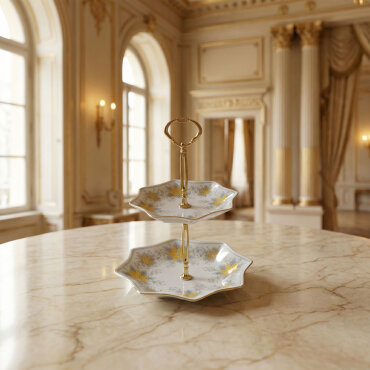 Özel Tasarım El Dekoru Yıldız Şekilli İki Katlı Dekoratif Sunumluk Kurabiyelik - GÜRAL PORSELEN