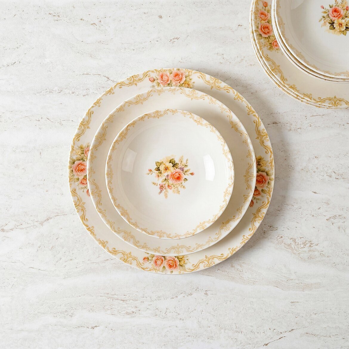 Pembe Vintage Çiçek Desenli 12 Parça 4 Kişilik Yemek Takımı - GÜRAL PORSELEN (1)