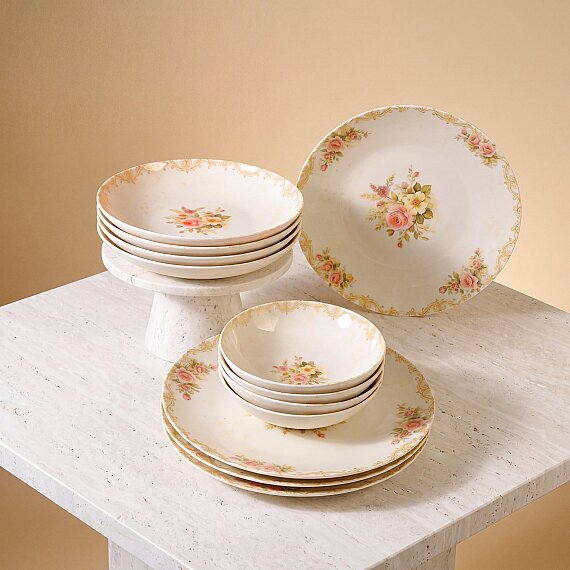 Pembe Vintage Çiçek Desenli 12 Parça 4 Kişilik Yemek Takımı - 1