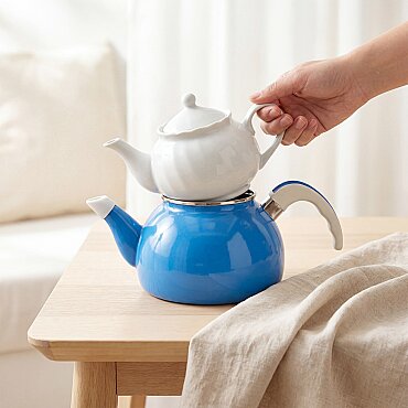 Porselen Demlikli Emaye Çaydanlık Takımı Turkuaz - GÜRAL PORSELEN