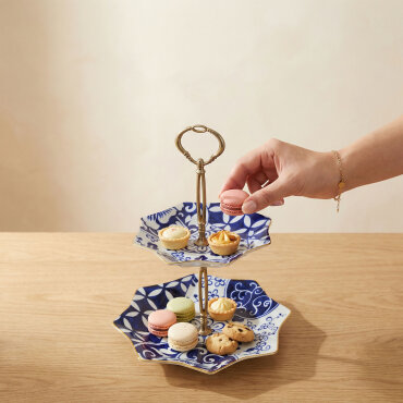 Özel Tasarım El Dekoru Yıldız Şekilli İki Katlı Dekoratif Sunumluk Kurabiyelik - GÜRAL PORSELEN