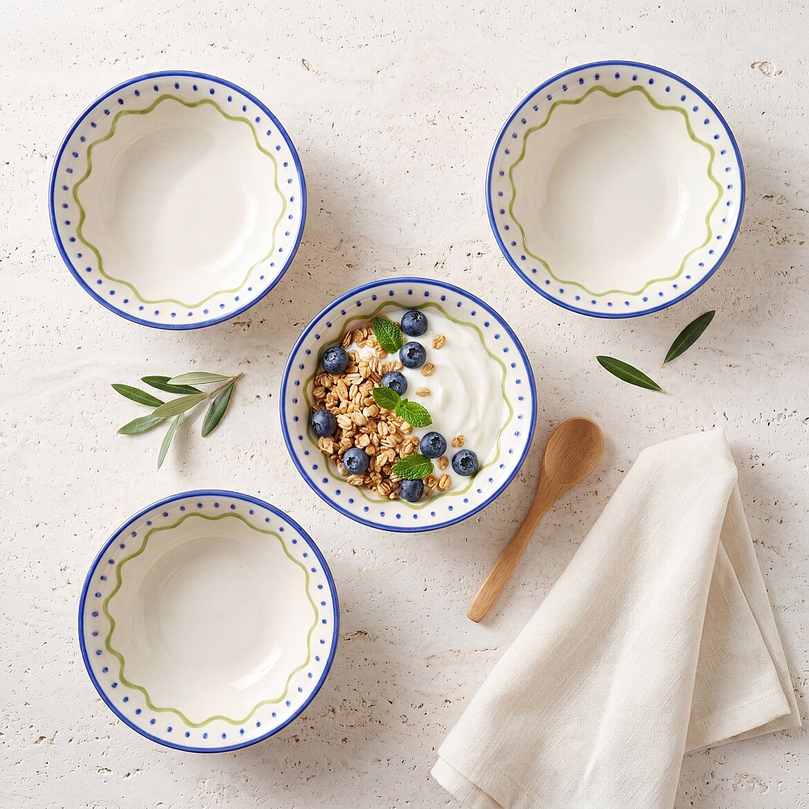 Zeytindalı Desenli 14 cm 4'lü Çorba ve Salata Kasesi