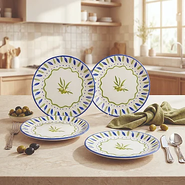 Zeytindalı Desenli 19 cm 4'lü Porselen Pasta Tabağı Seti - GÜRAL PORSELEN
