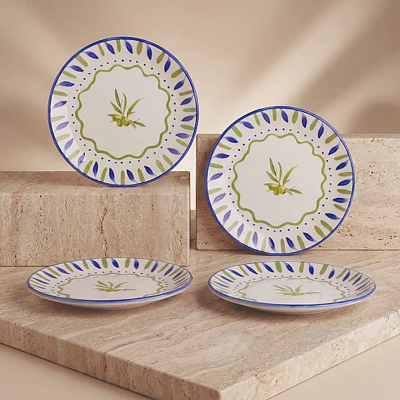 Zeytindalı Desenli 19 cm 4'lü Porselen Pasta Tabağı Seti - 3