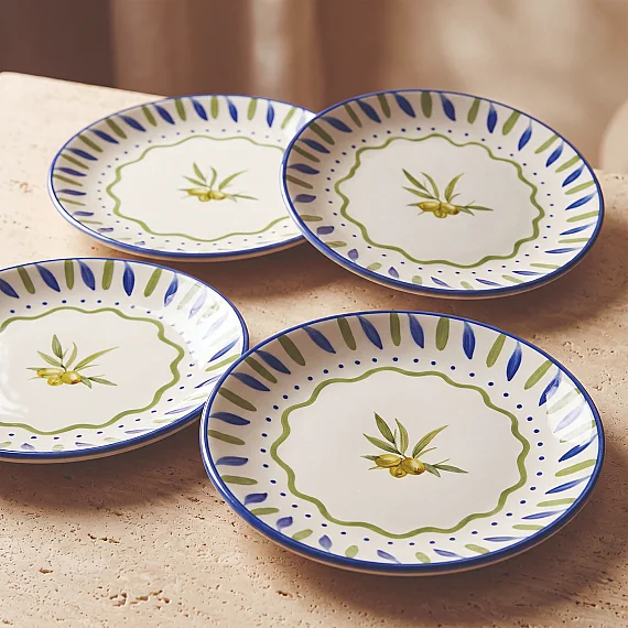 Zeytindalı Desenli 19 cm 4'lü Porselen Pasta Tabağı Seti - 4