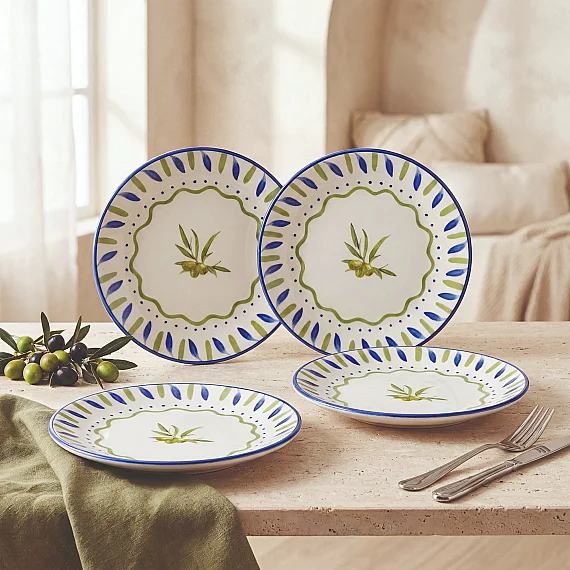Zeytindalı Desenli 19 cm 4'lü Porselen Pasta Tabağı Seti - 5